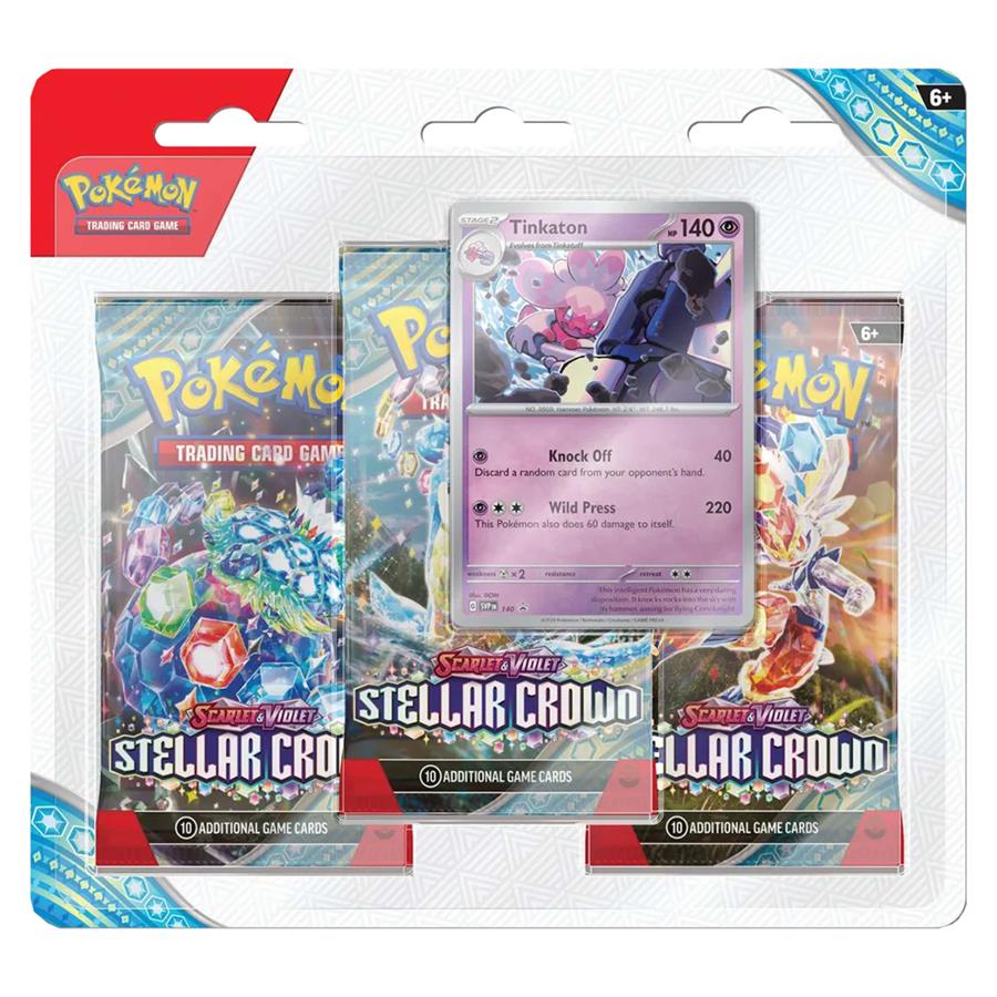 POKEMON TCG X3 BOOSTER PACK + CARTA TINKATON SCARLET & VIOLET STELLAR CROWN